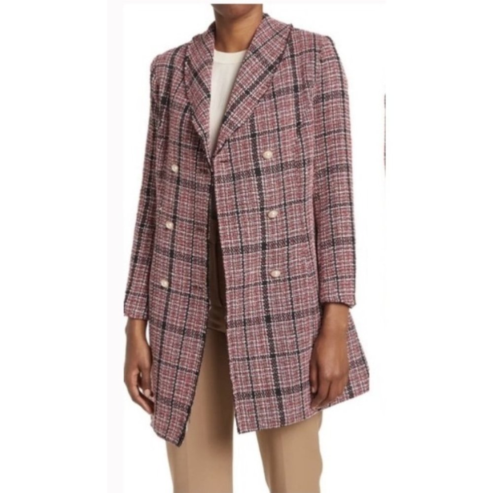PLM Tweed Pearl Gold Buttons Double Breasted Long Winter Coat Jacket Size XS New